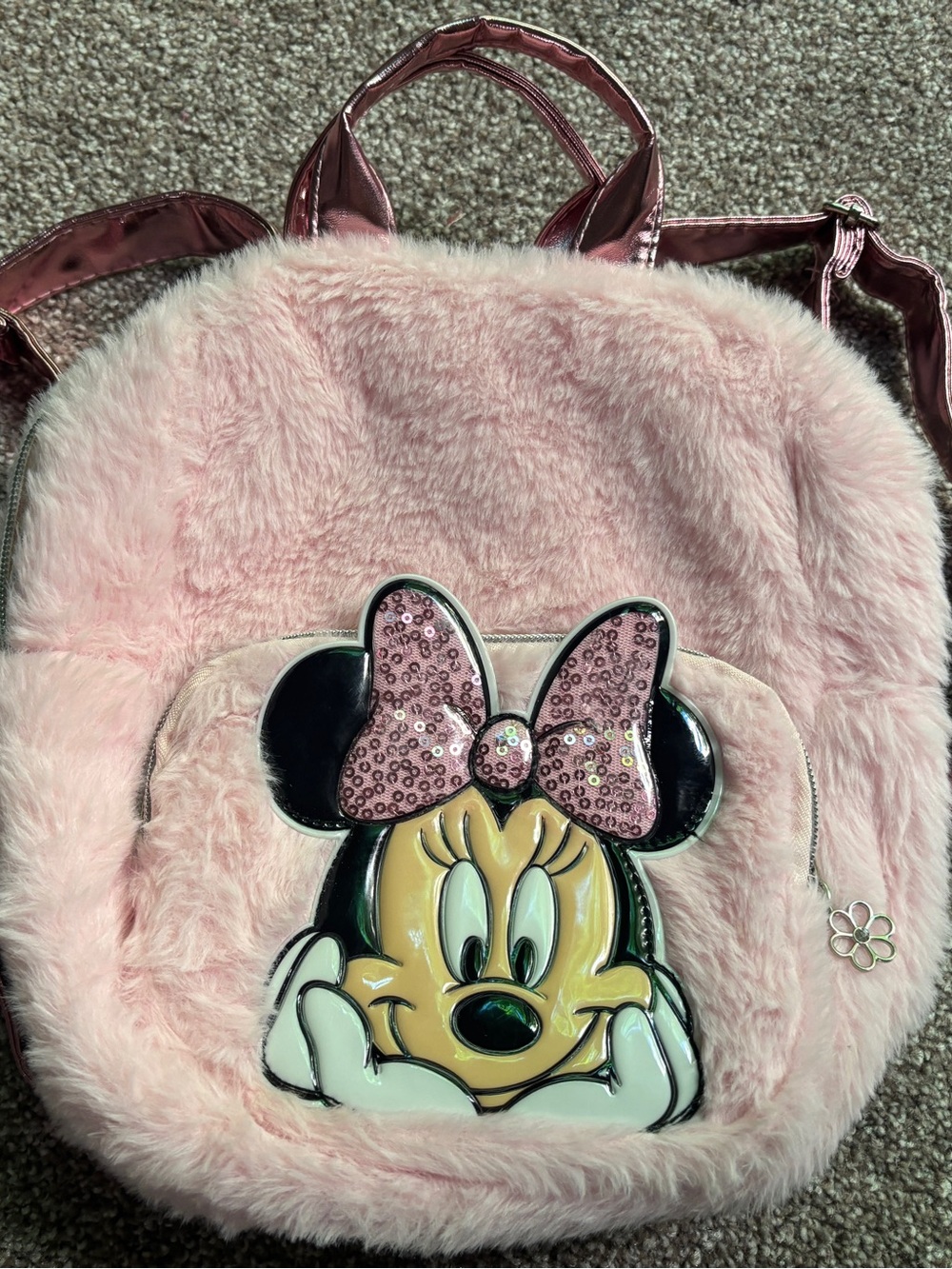Disney Pink Faux Fur Minnie Mouse Backpack with Sequin Bow